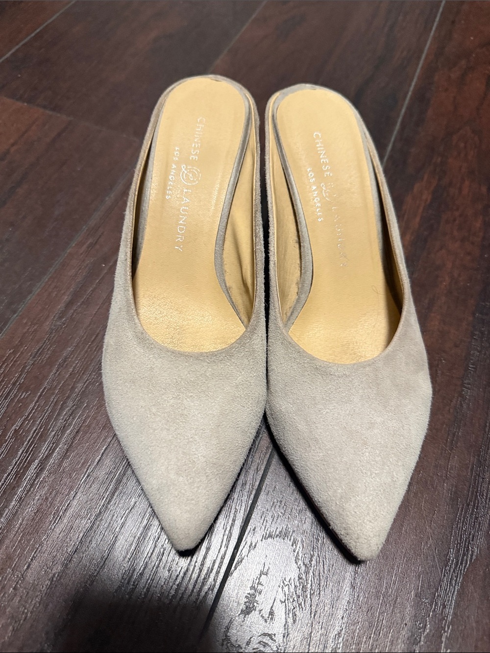 Chinese Laundry Taupe Suede Pointed Toe Mule Slides
